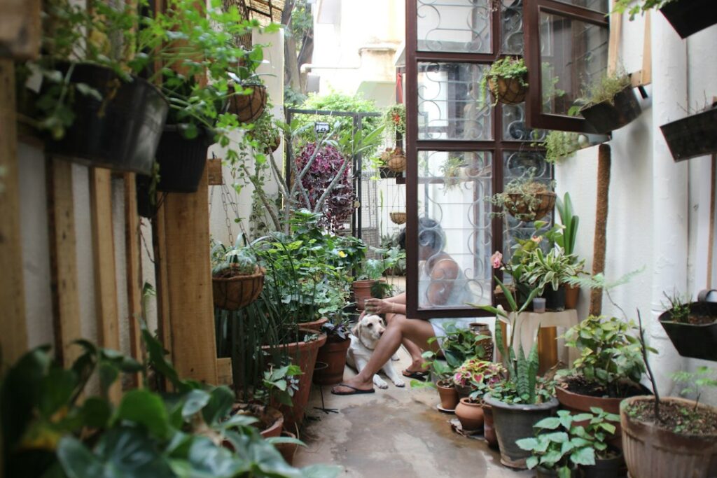 People relaxing on a shaded compact patio with container plants, outdoor seating, and a small dining table.